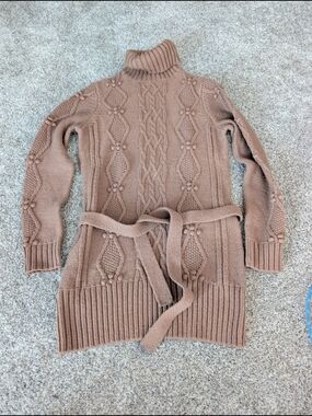 LOFT Lambswool Blend Cable Knit Belted Turtleneck Tunic Sweater M Brown